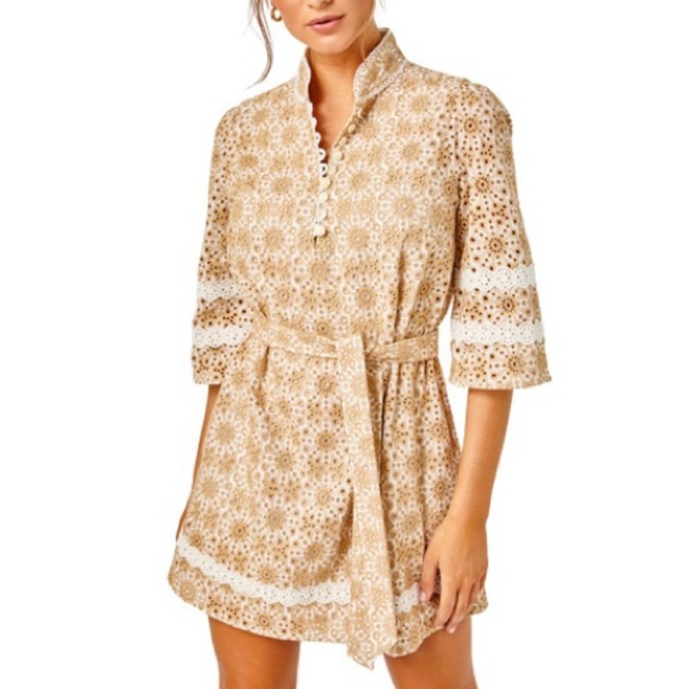 Cartolina Nantucket Sarah Eyelet Dress Beige White Size Small